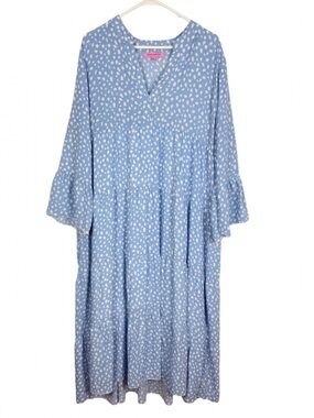 Simply Southern Tiered Midi Dress Size XXL Blue White Dot Flare Sleeves V Neck